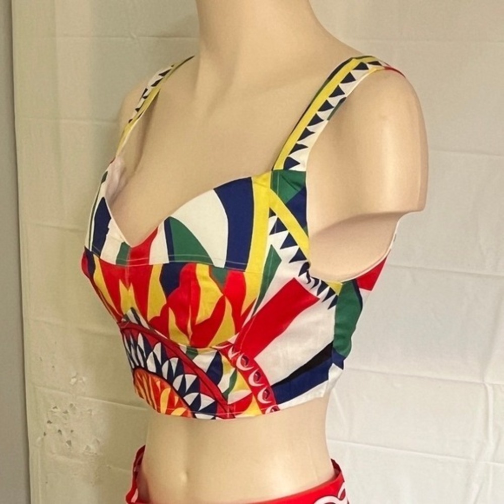 Multicolor Sunburst Geometric Bustier Crop Top Sleeveless Back Zip
